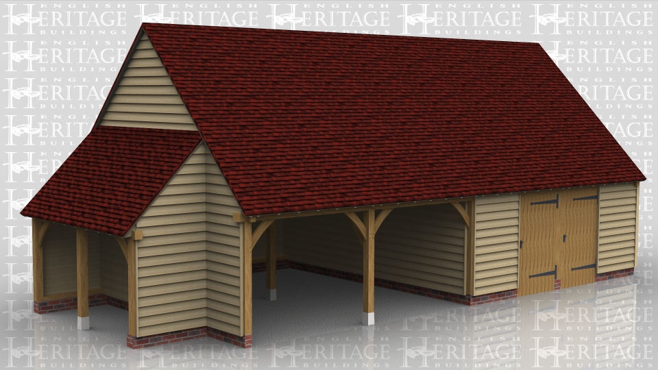 This oak framed building has two open fronted garage bays and two bays partitioned off to form two workshop areas. Each of these workshops has a wide solid door front and rear and the end one has two pane casement windows. The first floor is used for storage and is accessed via a hatch. The building has gable ends and a hay barn style single solid door in the first floor right gable and a small store building on the left hand side.