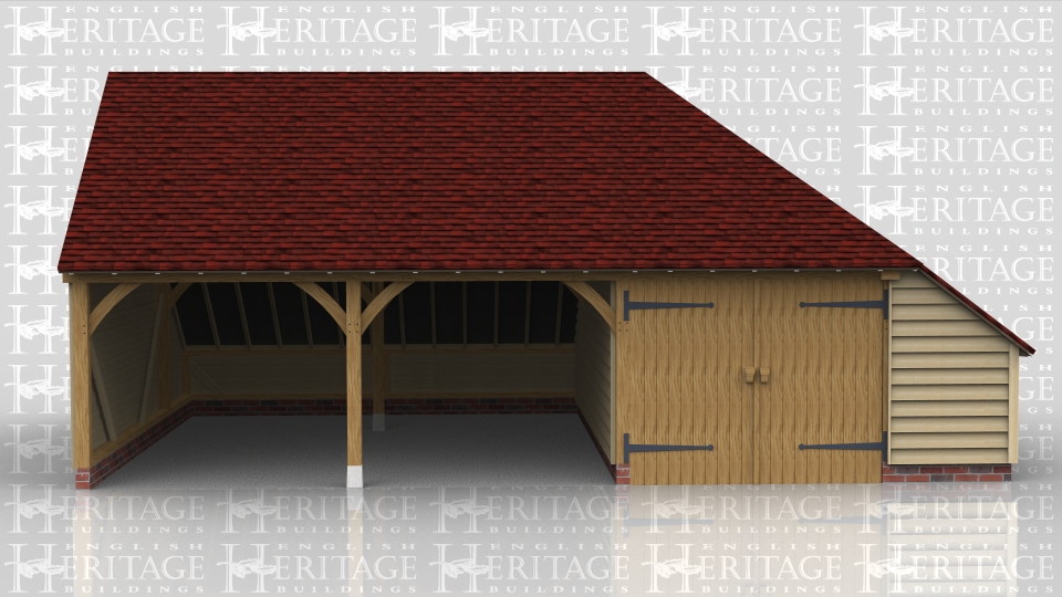 This oak building is a three bay oak framed garage with an enclosed store on the rear and right hand side. There are two open fronted parking bays and the other bay is enclosed with a partition and a pair of standard garage doors.