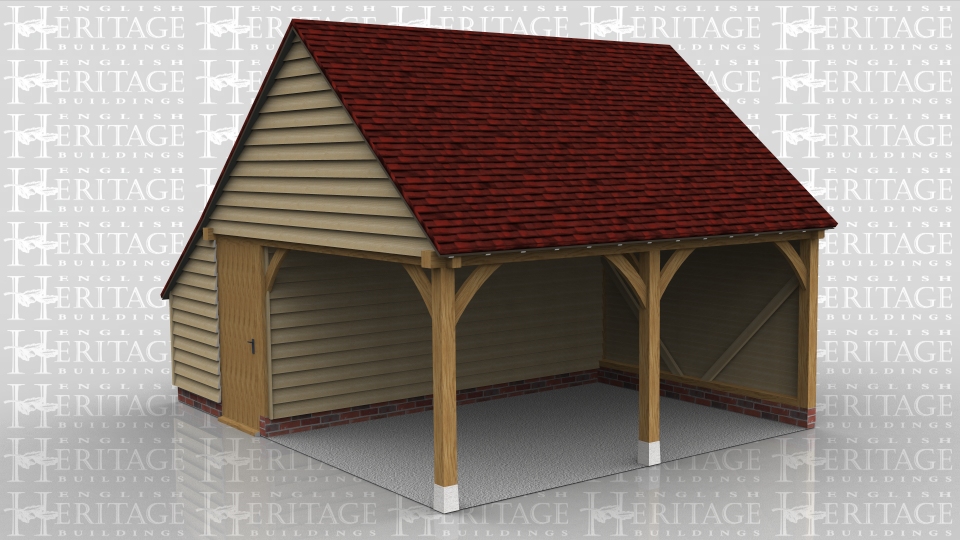 This oak frame is used as a pool side building. It has a shaded sitting area and at the rear are setback partitions to form two changing rooms with toilets. The roof ends are gables and there are solid single doors giving access to the changing rooms.