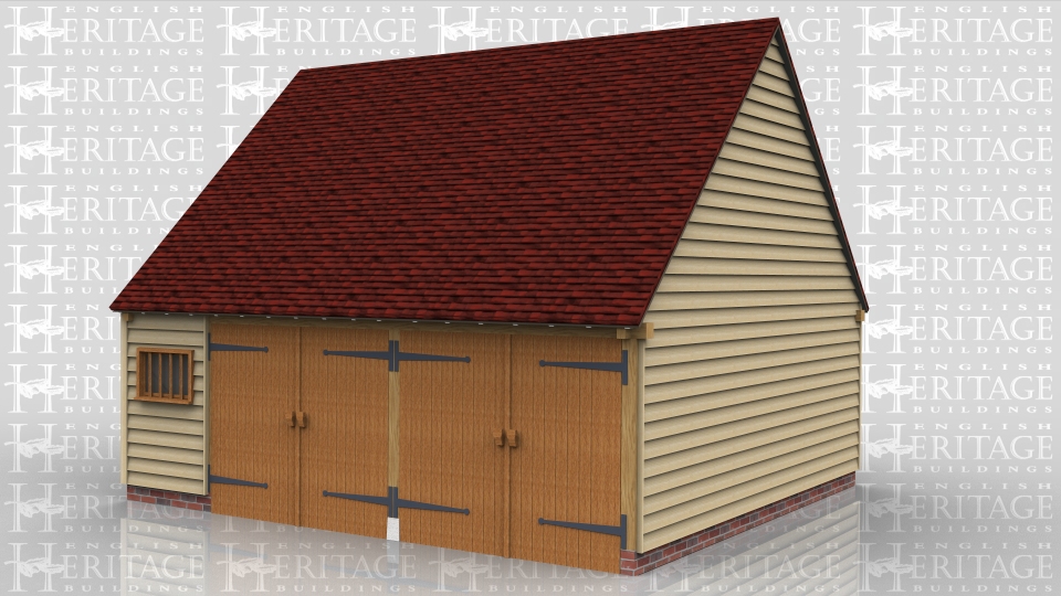 This oak framed garage has two full bays with garage doors on the front and a smaller bay that has a partition and mullion window in the front. There is also a wide solid single door in the left hand side. Two bays are floored and access is via a hatch from the smaller bay. There is also a mullion window in the gable end.
