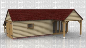 This oak frame building is formed of two frames. There is a single garage with garage doors on the front and mullion window in the side. There is a garden room/summerhouse with full height glazing on two sides and a covered outside sitting area. There is also an open log store on the left side.