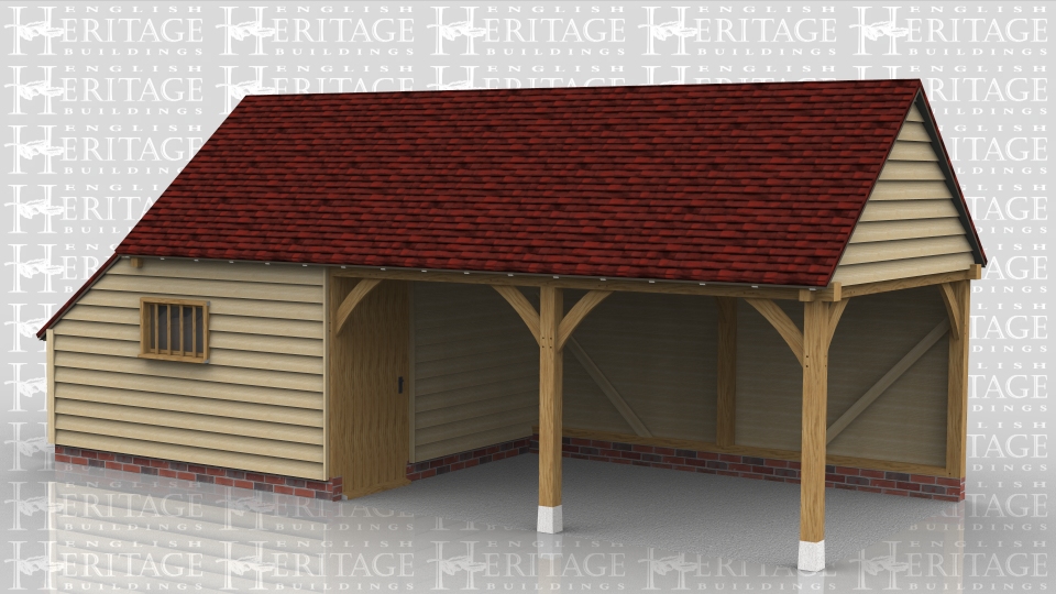 This oak framed leisure building has a covered sitting area and a store room. The store in enclosed and has a solid single door and mullion window. The roof has gable ends and an enclosed store on the left hand side.