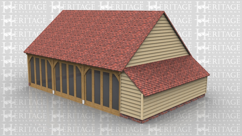 This oak framed leisure building has gable ends and an enclosed store on the right hand side. The front of the three bays are fitted with full bay glazed units, all of which have central pairs of opening doors. The inside is one large open area suitable of games such as pool & table tennis or an entertaining area with table and chairs.