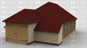 This oak framed leisure building has hipped roof ends, enclosed store to the rear and one side and a projecting double barn entrance on the end to provide a mower and garden machinery store. The main three bays are fully glazed on two sides and part of the catslide is used as a toilet.