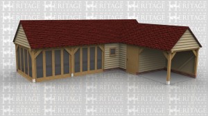 This 'L' shaped oak framed leisure building comprises of a summerhouse/garden room, an enclosed store and an open storage/sitting area. The garden room has full bay glazing on two sides and there is also a single pane casement window. There is also a solid single door into the store area.