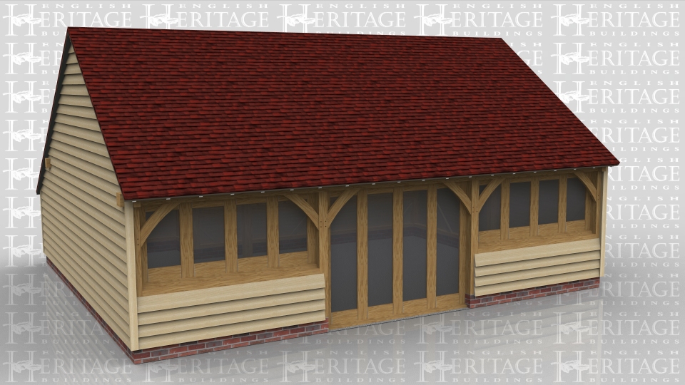 This oak framed home leisure building is formed of three bays and has full length glazing in the centre where two panes open as doors. The other two bays at have full width windows sitting on a low weatherboarded wall. Also at the rear is an enclosed store covering one bay width which is used as a toilet.