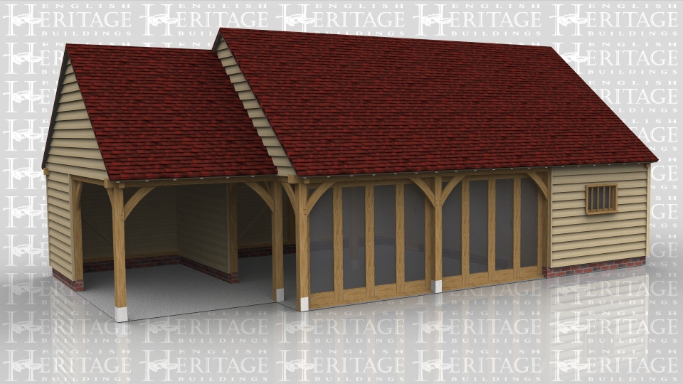 This oak framed home leisure building is comprised of two frames; one is an open garage bay which is attached on the right side to a large three bay garden room with full length glazing to two of the front bays. The third bay is enclosed by partitions and is a store or workshop, with a mullion window to the front and access via a single door on the left.