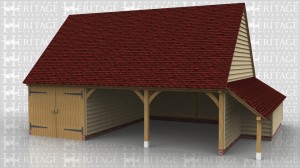 Three bay oak framed garage with one enclosed bay with garage doors, and two open bays. Enclosed logstore to the side and an open logstore to the rear.