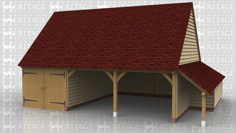 Three bay oak framed garage with one enclosed bay with garage doors, and two open bays. Enclosed logstore to the side and an open logstore to the rear.