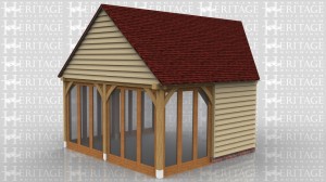 This oak framed garden room has two walls with full length windows and one with half weatherboard. This frame is designed to be attached to an existing building at the right hand end.