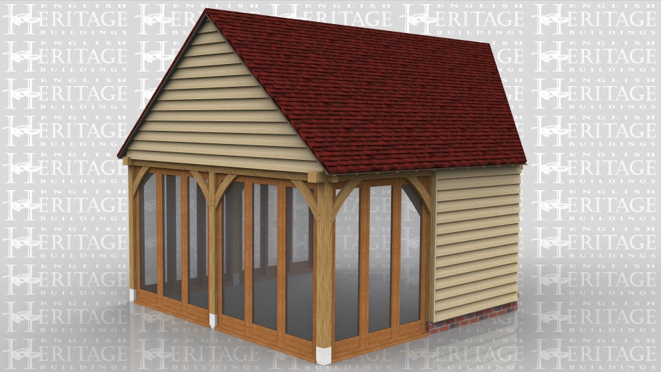 This oak framed garden room has two walls with full length windows and one with half weatherboard. This frame is designed to be attached to an existing building at the right hand end.
