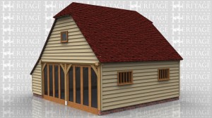 This oak framed two bay, two storey garage has two solid garage doors to one side and full length windows to the other. The first floor is used for storage and can be accessed via a hatch in the building. There are two single pane windows on the first floor and two mullion windows at the front of the building. There is an enclosed store to the right hand side.