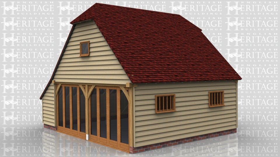 This oak framed two bay, two storey garage has two solid garage doors to one side and full length windows to the other. The first floor is used for storage and can be accessed via a hatch in the building. There are two single pane windows on the first floor and two mullion windows at the front of the building. There is an enclosed store to the right hand side.