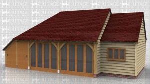 This oak framed home leisure building has one enclosed bay for use as a workshop or a storage facility with an enclosed log store on the side. The other bays have full length windows and the single bay has a mullion window to the front.