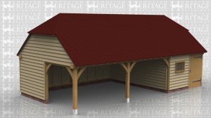 This oak framed garage has three bays, with two open bays and one enclosed. The enclosed bay can function as a storage area or workshop and is accessed by one solid single door to the front.