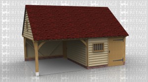 This oak framed garage has two bays, with one enclosed and one open. The enclosed bay is accessed by a single door at the front and a single door at the side. The enclosed bay has a two pane window and a mullion window at the front. The first floor storage area is accessed via a hatch in the building.