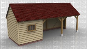This is an oak framed building with three bays on the left hand side there is two sets of fully glazed units. Two of the bays are open and the other bay is enclosed which can be accessed by the wide door at the rear of the building.