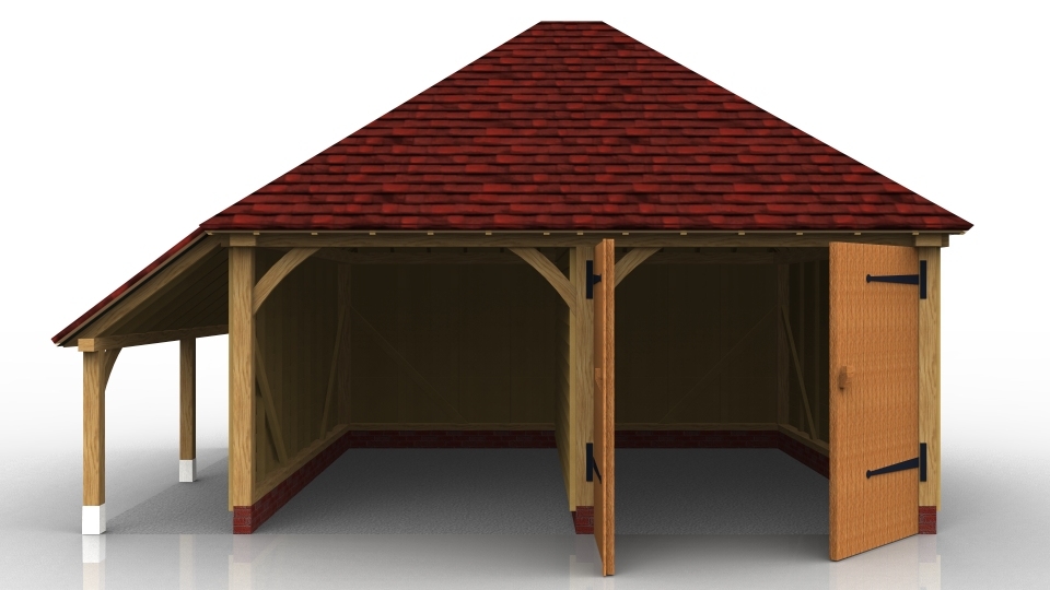 This oak framed garage is formed of two bays; one open and one enclosed. The enclosed bay is accessed via a set of garage doors to the front. There is also an open logstore to the left side.