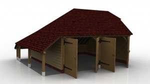 This oak framed two bay garage has enclosed bays with garage doors on the front, and an open logstore to the side. The right bay also has a two pane window.