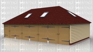 This is an oak framed garage has four enclosed bays. Each bay is secured with garage doors, and there are trimmings for six rooflights; one on the left and right sides, two at the front and two at the rear. To the rear of the middle bays there is also an enclosed store.