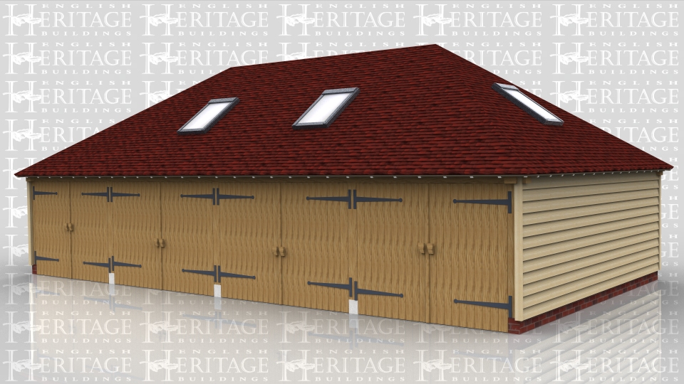 This is an oak framed garage has four enclosed bays. Each bay is secured with garage doors, and there are trimmings for six rooflights; one on the left and right sides, two at the front and two at the rear. To the rear of the middle bays there is also an enclosed store.