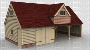 This oak framed garage is formed of four bays, with an upper floor. Two of the bays are enclosed and accessed by a set of garage doors. The other two bays are open to the front. Access to the first floor is via a hatch in the enclosed bays. To the first floor there are three dormers; one to the front and two to the rear.  The front dormer has a three pane window and the rear dormers have two pane windows. The left and right hand sides have a three pane window.