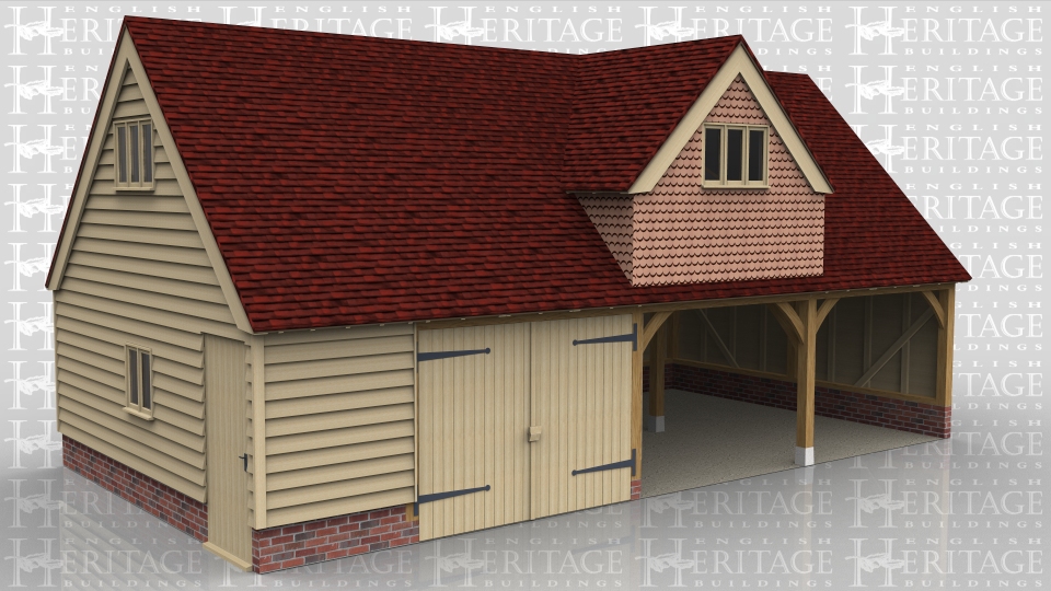 This oak framed garage is formed of four bays, with an upper floor. Two of the bays are enclosed and accessed by a set of garage doors. The other two bays are open to the front. Access to the first floor is via a hatch in the enclosed bays. To the first floor there are three dormers; one to the front and two to the rear.  The front dormer has a three pane window and the rear dormers have two pane windows. The left and right hand sides have a three pane window.