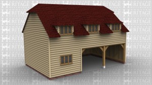 This oak framed two storey home leisure building is formed of a sling brace frame in order to give a higher ridge height. There are three bays, one enclosed and two open, with the enclosed bay accessed via a single half glazed door to the right and a three pane window to the front. On the first floor there are three dormers to the front, each with a three pane window. To the right side there is a small balcony, accessed via a set of full length garden room windows.