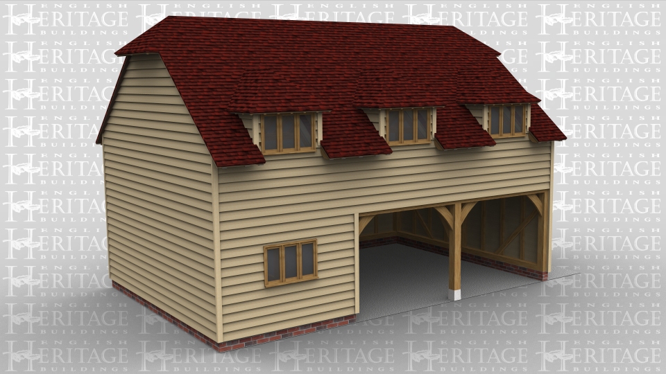 This oak framed two storey home leisure building is formed of a sling brace frame in order to give a higher ridge height. There are three bays, one enclosed and two open, with the enclosed bay accessed via a single half glazed door to the right and a three pane window to the front. On the first floor there are three dormers to the front, each with a three pane window. To the right side there is a small balcony, accessed via a set of full length garden room windows.