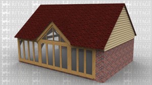 This oak framed home extension is formed of three enclosed bays, with full length windows to the front and a high solid wall to the right and rear. The left side is left open for attaching to an existing building.