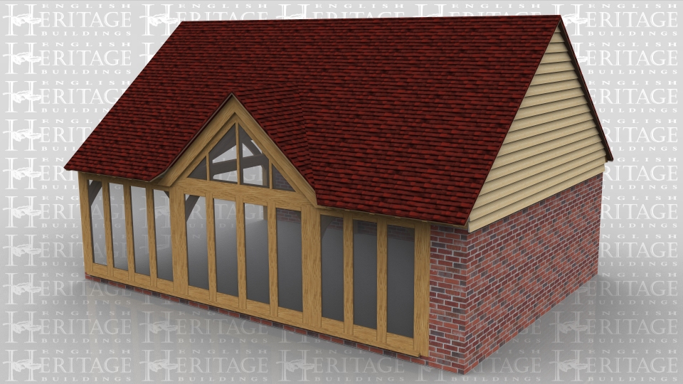 This oak framed home extension is formed of three enclosed bays, with full length windows to the front and a high solid wall to the right and rear. The left side is left open for attaching to an existing building.