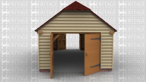 This single oak framed garage is formed of three enclosed bays. Access is via a set of garage doors to the left and right ends of the building. There is a two pane window to the front of the building and one rooflight.