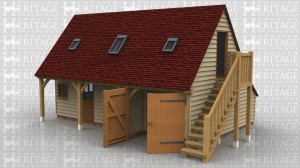 This two storey oak framed complex has three bays. There is an external staircase leading up towards the first floor. There are three rooflights at the front of the building. The third bay is secured with garage doors. The other two bays are enclosed and used as a storeroom which is accessed by the single door. There are also two three pane windows to the store.