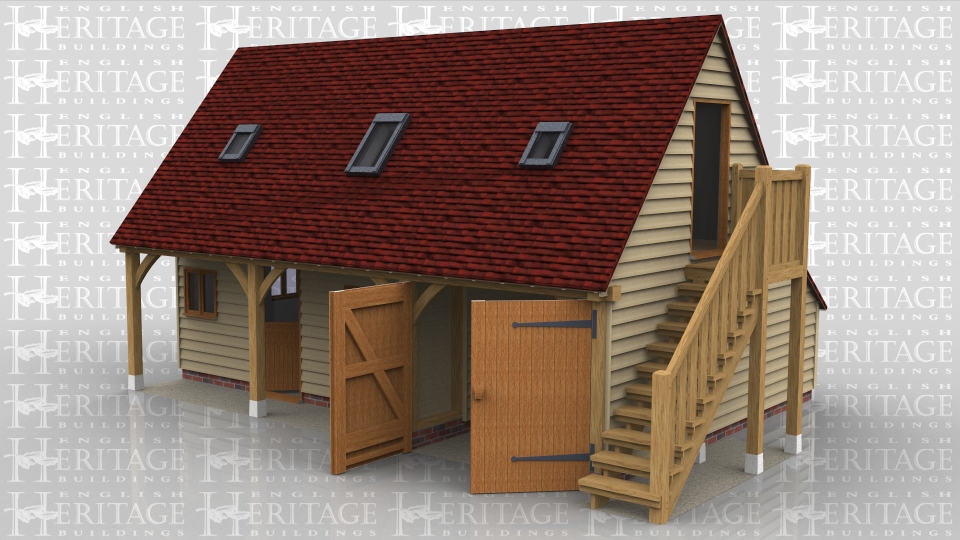 This two storey oak framed complex has three bays. There is an external staircase leading up towards the first floor. There are three rooflights at the front of the building. The third bay is secured with garage doors. The other two bays are enclosed and used as a storeroom which is accessed by the single door. There are also two three pane windows to the store.