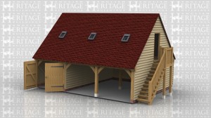 This two storey oak framed three bay garage has an external oak staircase to the right side. Two bays are open and one enclosed, with access to the closed bay via a set of garage doors. To the left of the building there are two three pane windows; one to the first floor and one to the ground floor. There are trimmings for three rooflights to the front, and the first floor is accessed via a single solid door.