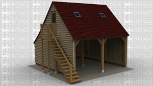 This two storey oak framed two bay garage has two open bays. Access to the first floor is via an external staircase and a half glazed door. There is an enclosed store to the rear. To the right side there is a glazed gable and there is also trimming for two rooflights.