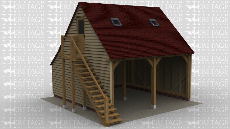 This two storey oak framed two bay garage has two open bays. Access to the first floor is via an external staircase and a half glazed door. There is an enclosed store to the rear. To the right side there is a glazed gable and there is also trimming for two rooflights.