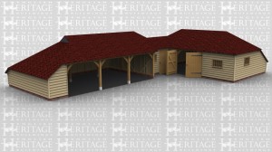 This oak framed complex is designed in an 'L' shape, formed of three different frames. The first frame is a three bay open garage with an enclosed logstore to the left side. The second frame is a small link building, with access via a single door to the front and a mullion window. The third frame is a three bay garage with an enclosed store to the rear. Access is via a set of garage doors to the front and a mullion window to the front and right side.
