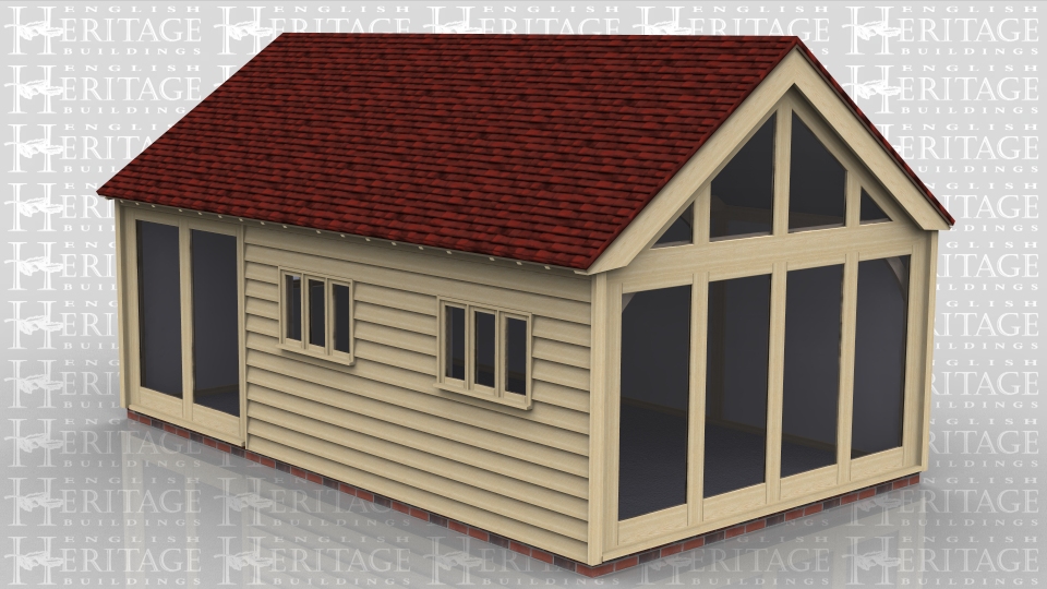 This oak framed home leisure building is formed of three enclosed bays, with two opening garden room windows to the front, and two sets of three pane windows. To the right end there is a glazed gable and full length glazing to the side of the bay.