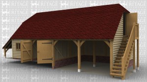 This oak framed  two storey four bay garage has two open bays and two enclosed bays. The two enclosed bays are accessed via a single door and a pair of garage doors. There is a two pane window to the front of the building and also to the left side. The first floor is accessed by an external oak staircase and a solid single door. To the left of the building there is an open logstore.