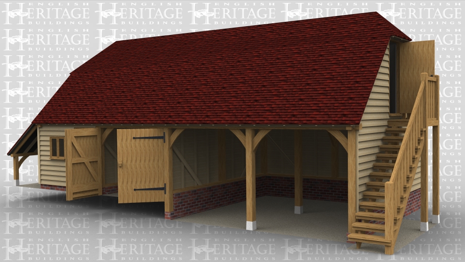 This oak framed  two storey four bay garage has two open bays and two enclosed bays. The two enclosed bays are accessed via a single door and a pair of garage doors. There is a two pane window to the front of the building and also to the left side. The first floor is accessed by an external oak staircase and a solid single door. To the left of the building there is an open logstore.
