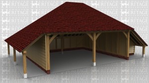 This oak framed garage has two open bays and an open logstore to the left. There is an enclosed store to the right, accessed by a small door. There are also trimmings for two rooflights.