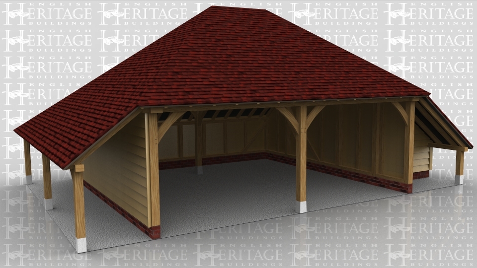 This oak framed garage has two open bays and an open logstore to the left. There is an enclosed store to the right, accessed by a small door. There are also trimmings for two rooflights.