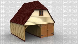 This oak framed garage with first floor has a steep roof pitch for more usable area upstairs. The ground floor is a two bay garage with one bay open and the other bay secure with garage doors. There is also a single door in the central partition and a internal staircase leading up to the first floor.There is a two pane casement window under the barn hip and one Velux rooflight for more natural light.