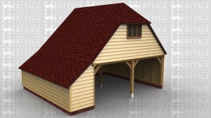 This oak framed two storey garage is formed of two enclosed bays, with access via the open left side of the building. To the right there is an external oak staircase with a solid single door to access the first floor. On the left side there is a three pane window. To the rear of the building there is an enclosed logstore.