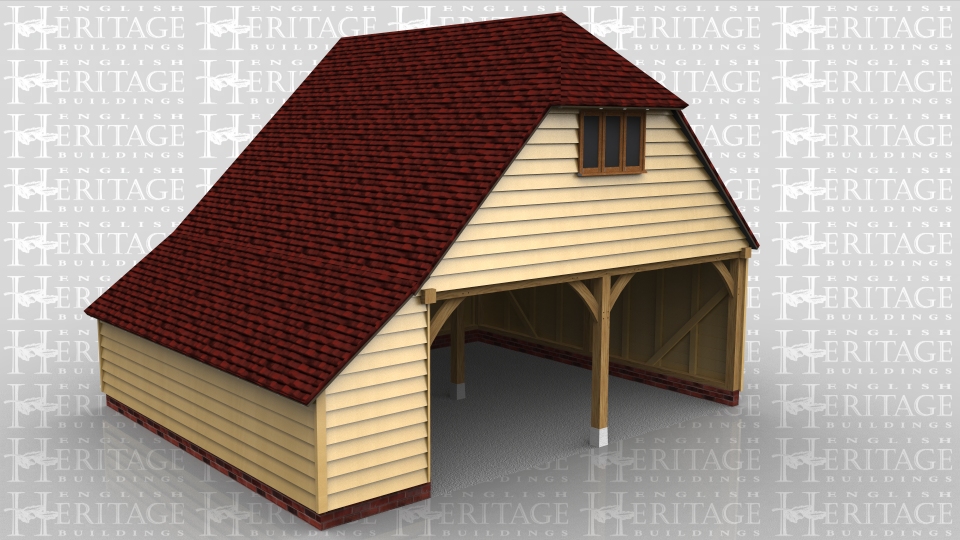 This oak framed two storey garage is formed of two enclosed bays, with access via the open left side of the building. To the right there is an external oak staircase with a solid single door to access the first floor. On the left side there is a three pane window. To the rear of the building there is an enclosed logstore.
