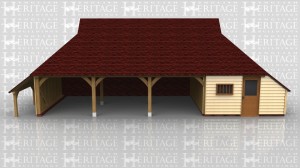 This oak framed garage is formed of four bays, three open and one enclosed. The enclosed bay is accessed via a half glazed door to the front and a mullion window. It is designed to be used as a store or a workshop, and has an enclosed store to the right side. To the left of the building is an open logstore.