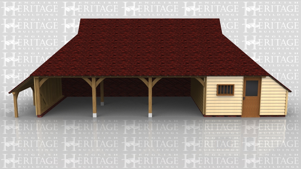 This oak framed garage is formed of four bays, three open and one enclosed. The enclosed bay is accessed via a half glazed door to the front and a mullion window. It is designed to be used as a store or a workshop, and has an enclosed store to the right side. To the left of the building is an open logstore.
