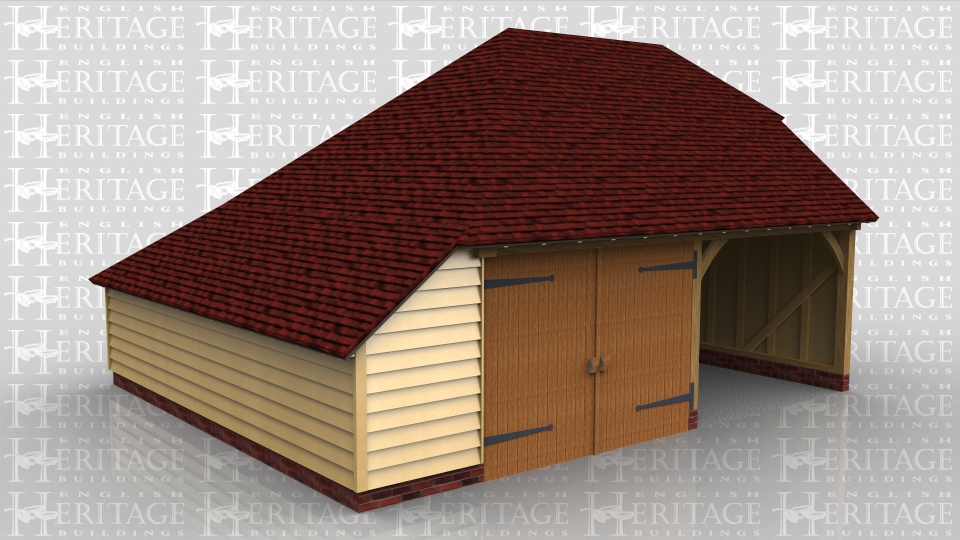 This oak frame two bay garage has one open bay and one enclosed bay secured with garage doors. There is an enclosed log store on the left hand side.