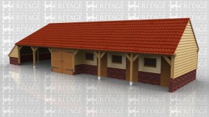 This oak framed garage and stable complex has two open garage bays and one enclosed, as well as three stable bays with stable doors and a mullion window to the front.